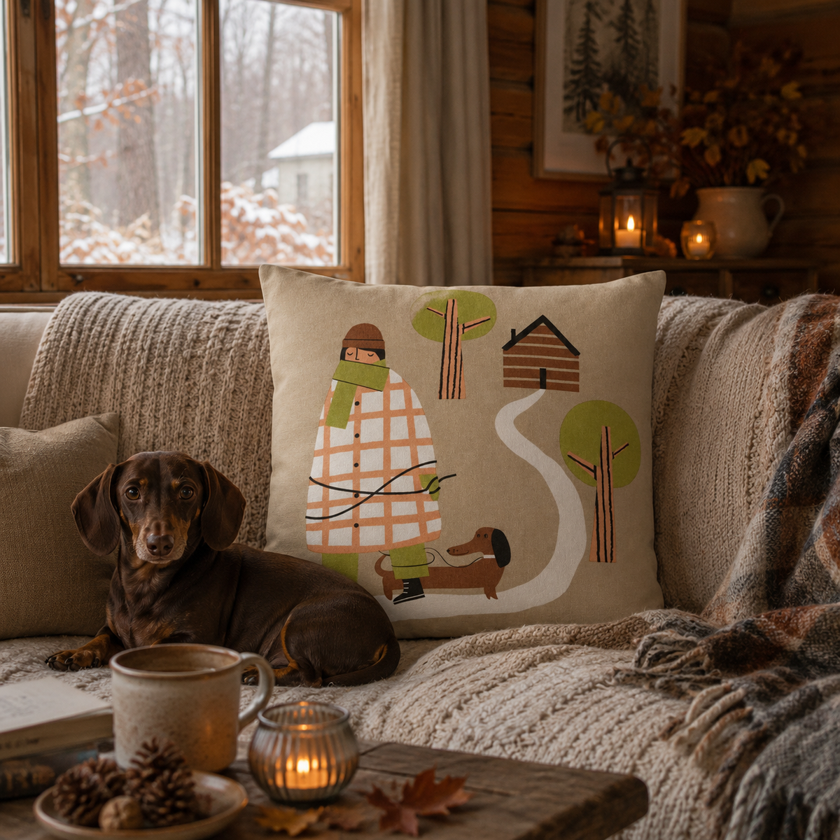 Spira of Sweden Kompiskudde Hundepromenade Kissenhülle 47 × 47 cm beige, mehrfarbig