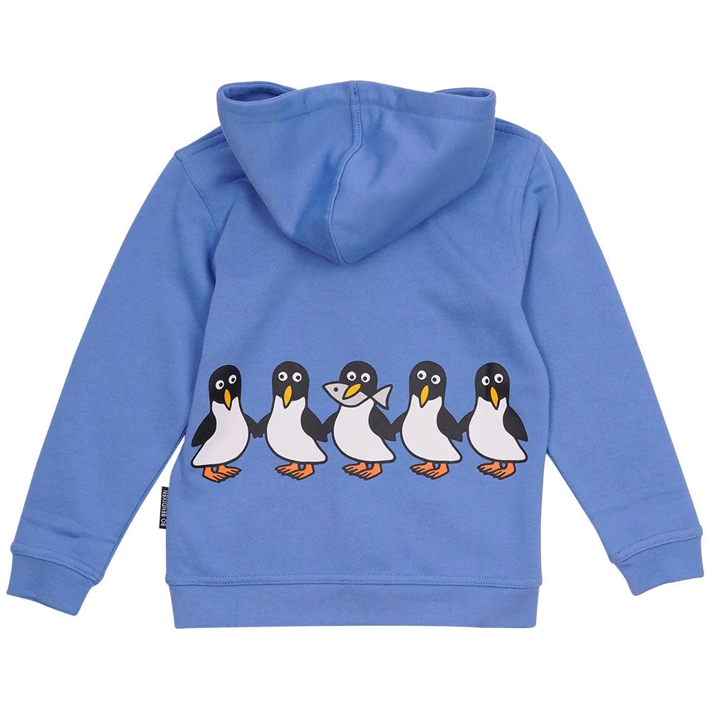 Bo Bendixen Kinder Sweatshirtjacke mit Kapuze Pinguin mit Fisch blau