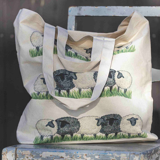 Nääsgränsgården Schafe Tasche 42x48 cm Einkaufstasche aus Stoff 2 Griffe beige, mehrfarbig