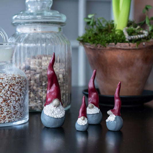 Nääsgränsgården Tomte Hoher Hut Familie bis Höhe 5,7 cm 4 tlg. Set grau, rot