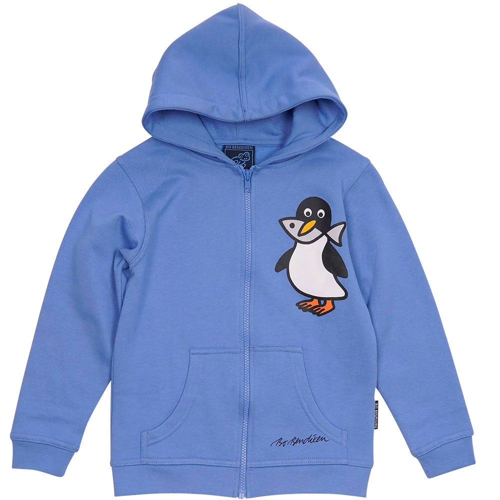 Bo Bendixen Kinder Sweatshirtjacke mit Kapuze Pinguin mit Fisch blau