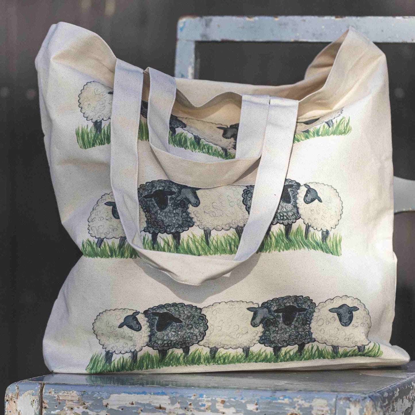 Nääsgränsgården Schafe Tasche 42x48 cm Einkaufstasche aus Stoff 2 Griffe beige, mehrfarbig