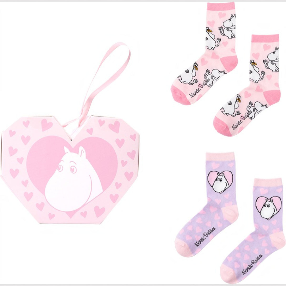 Nordicbuddies Mumins Socken-Geschenkbox Herz Love 2 Paar Gr. 36-42 rosa-flieder
