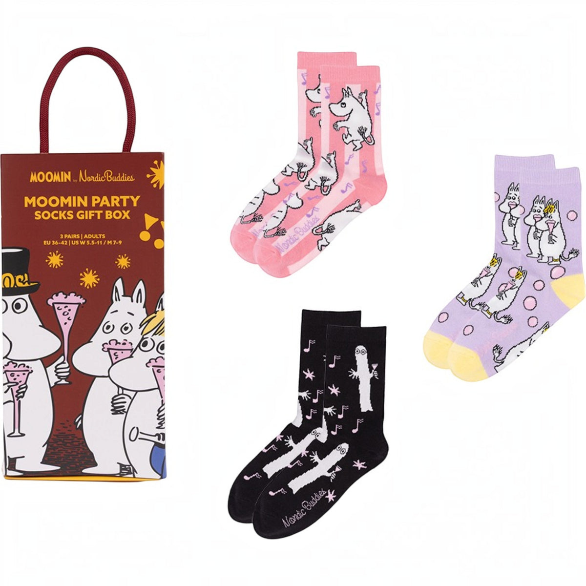 Nordicbuddies Mumins Socken-Geschenkbox Moomin Party 3 Paar Gr. 36-42 rosa-schwarz-flieder