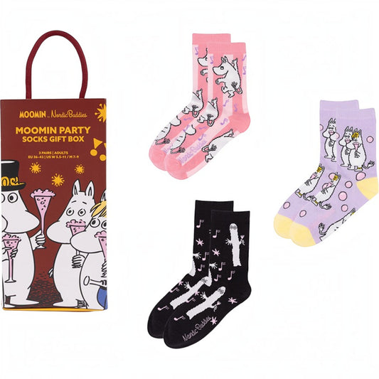 Nordicbuddies Mumins Socken-Geschenkbox Moomin Party 3 Paar Gr. 36-42 rosa-schwarz-flieder