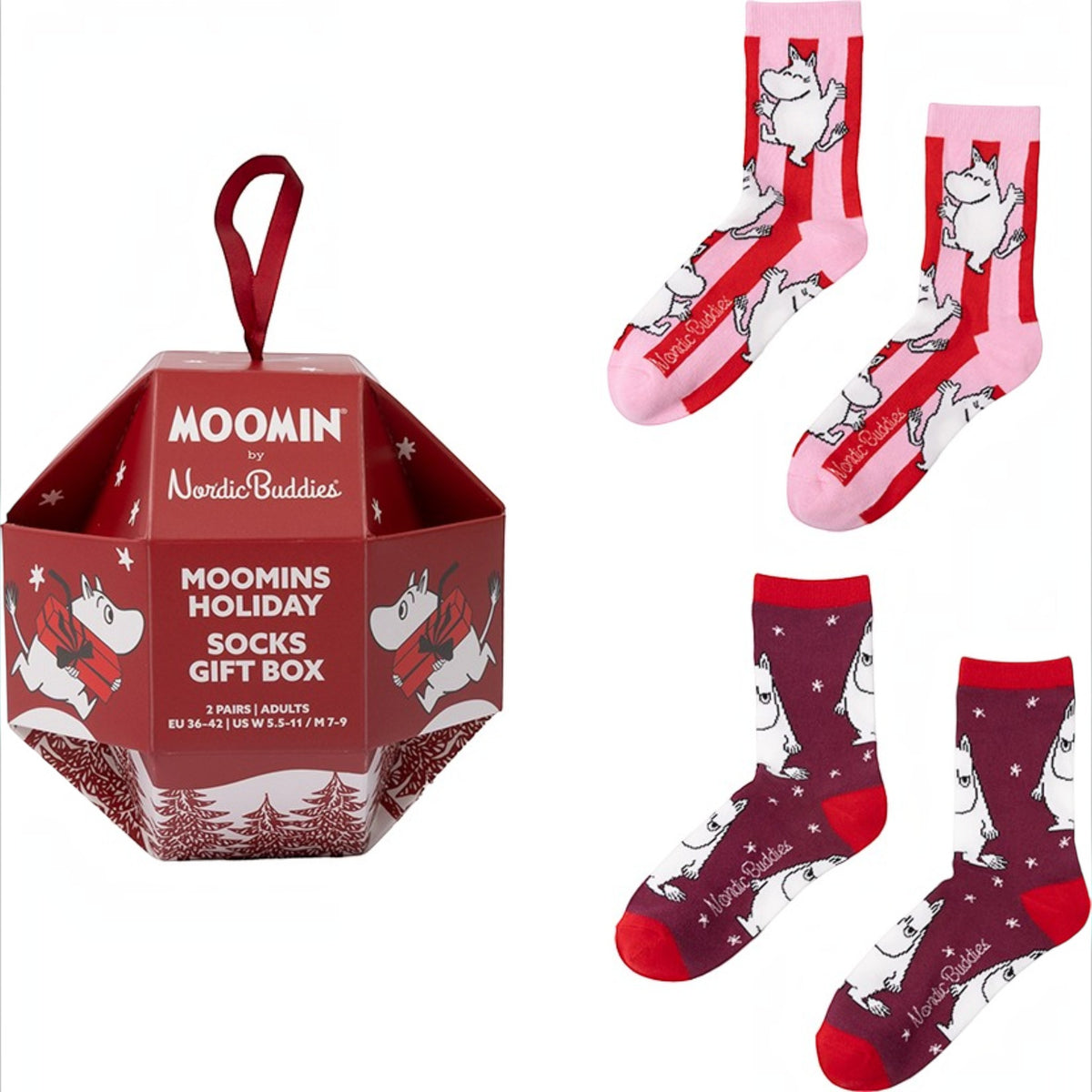 Nordicbuddies Mumins Socken-Geschenkbox Weihnachtskugel Holiday 2 Paar Gr. 36-42 rot-rosa-bordeaux