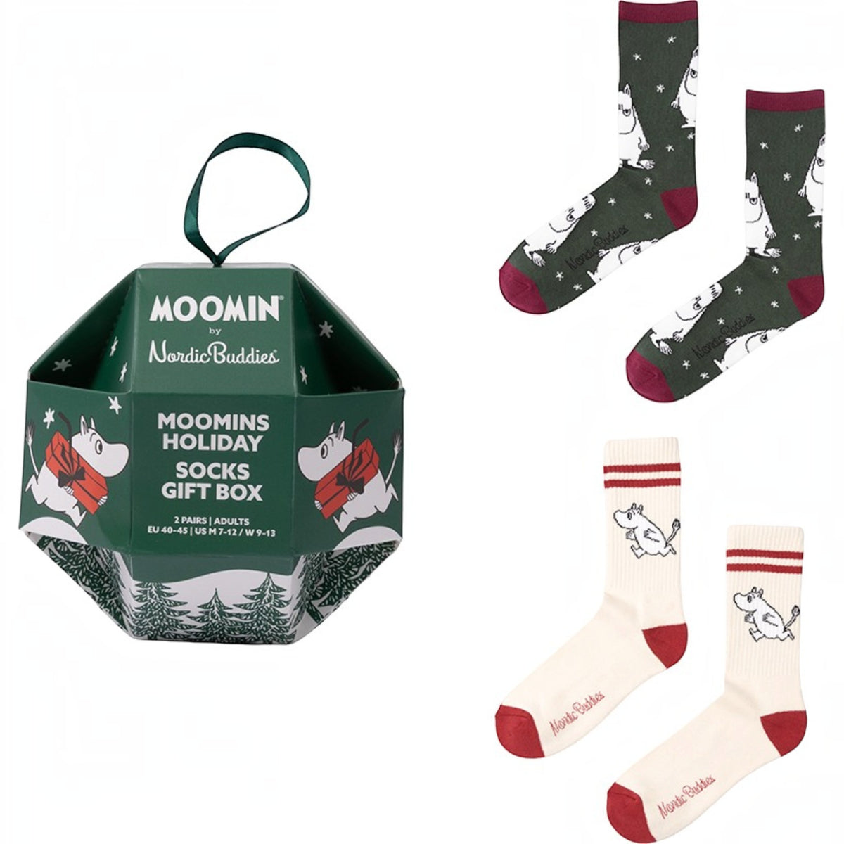 Nordicbuddies Mumins Socken-Geschenkbox Weihnachtskugel Holiday 2 Paar Gr. 40-45 grün-creme