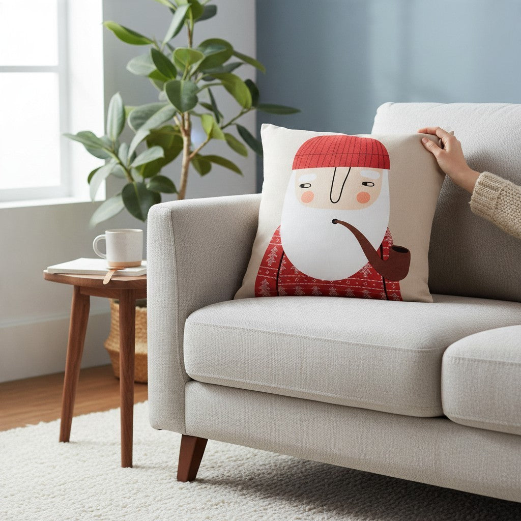 nordlichttraum Spira of Sweden Kissenhülle Ebbot mit Weihnachtsmann-Motiv in Beige und Rot auf einem Sofa