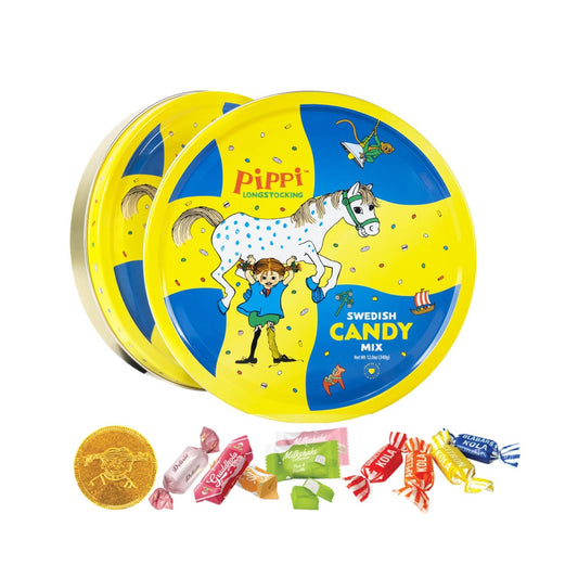 Pippi Langstrumpf Metalldose mit bunter Auswahl an schwedischen Bonbons und Karamell-Süßigkeiten