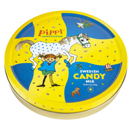 Runde Pippi Langstrumpf Metalldose mit buntem Motiv und schwedischer Süßigkeitenmischung