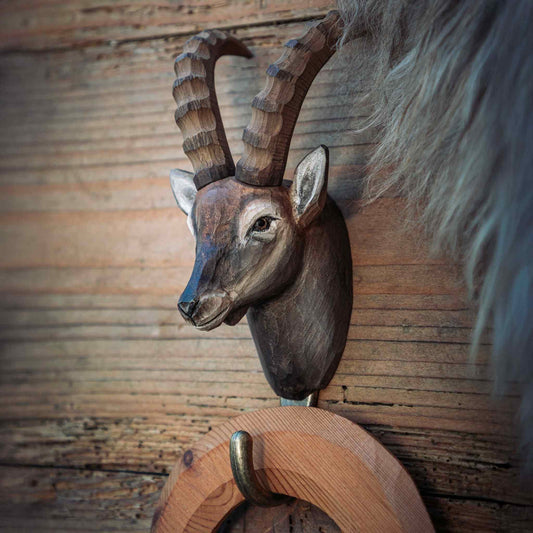 Wildlife Garden Decohook Wall Hook Alpine Ibex (hand-carved)