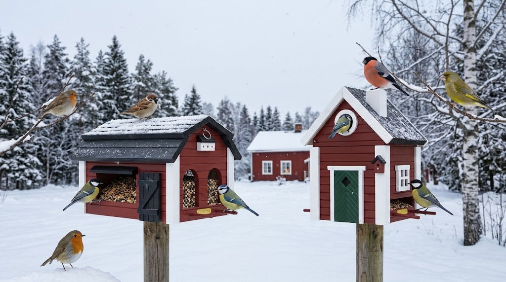 Wildlife Garden Futterscheune und Schwedenkate mit Wintervögeln im Schnee